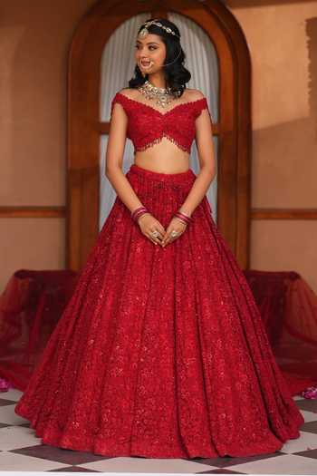 Buy_Amaltas Couture_Red Net Floral Embroidered Bridal Lehenga Set 