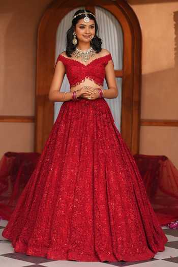 Shop_Amaltas Couture_Red Net Floral Embroidered Bridal Lehenga Set 