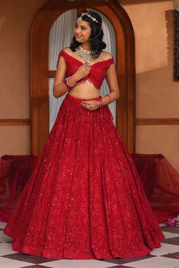 Shop_Amaltas Couture_Red Net Floral Embroidered Bridal Lehenga Set _Online