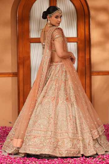 Shop_Amaltas Couture_Peach Silk, Tissue, Net Zardozi Embroidered Bridal Lehenga Set _at_Aza_Fashions