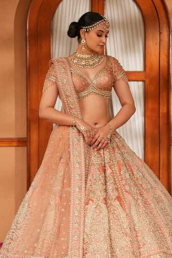 Amaltas Couture_Peach Silk, Tissue, Net Zardozi Embroidered Bridal Lehenga Set _Online_at_Aza_Fashions