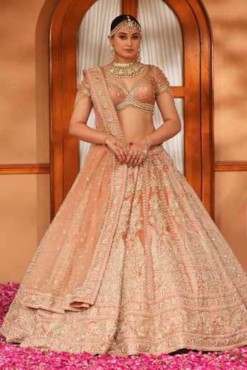 Buy_Amaltas Couture_Peach Silk, Tissue, Net Zardozi Embroidered Bridal Lehenga Set _Online_at_Aza_Fashions