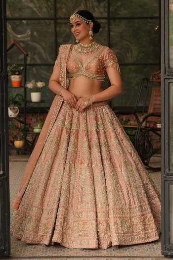 Buy_Amaltas Couture_Peach Silk, Tissue, Net Zardozi Embroidered Bridal Lehenga Set 