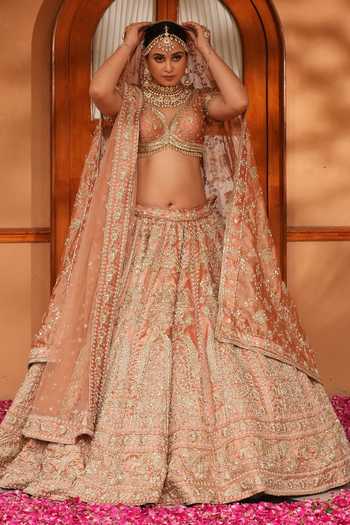 Shop_Amaltas Couture_Peach Silk, Tissue, Net Zardozi Embroidered Bridal Lehenga Set 