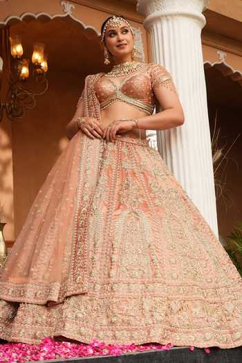 Amaltas Couture_Peach Silk, Tissue, Net Zardozi Embroidered Bridal Lehenga Set _Online