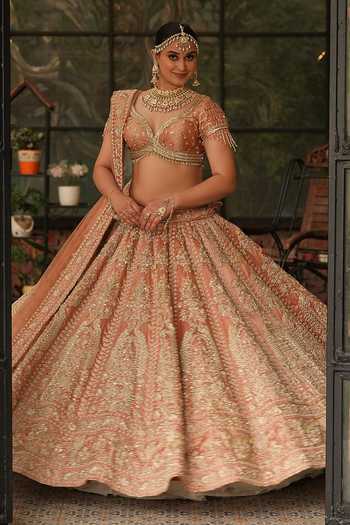 Buy_Amaltas Couture_Peach Silk, Tissue, Net Zardozi Embroidered Bridal Lehenga Set _Online