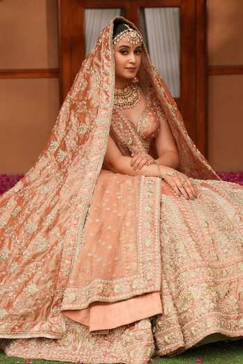 Shop_Amaltas Couture_Peach Silk, Tissue, Net Zardozi Embroidered Bridal Lehenga Set _Online
