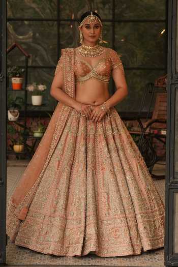 Amaltas Couture_Peach Silk, Tissue, Net Zardozi Embroidered Bridal Lehenga Set 