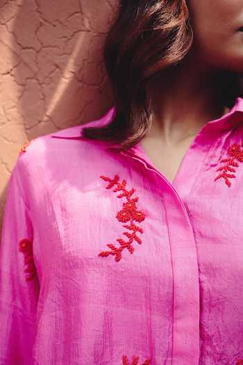 Buy_Kavya Singh Kundu_Pink Silk Collared Neck Sophie Hand Embroidered Shirt And Skirt Set _Online_at_Aza_Fashions