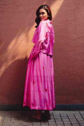 Shop_Kavya Singh Kundu_Pink Silk Collared Neck Sophie Hand Embroidered Shirt And Skirt Set 