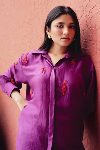 Kavya Singh Kundu_Purple Silk Collared Neck Pippa Embroidered Shirt And Pant Set _Online_at_Aza_Fashions