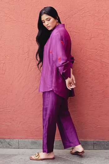 Shop_Kavya Singh Kundu_Purple Silk Collared Neck Pippa Embroidered Shirt And Pant Set _at_Aza_Fashions