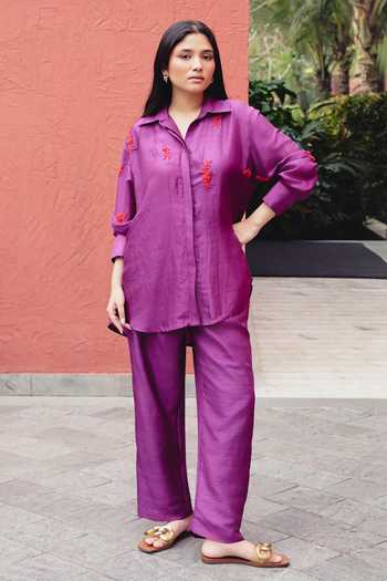 Buy_Kavya Singh Kundu_Purple Silk Collared Neck Pippa Embroidered Shirt And Pant Set _Online_at_Aza_Fashions