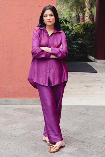 Shop_Kavya Singh Kundu_Purple Silk Collared Neck Pippa Embroidered Shirt And Pant Set _Online_at_Aza_Fashions