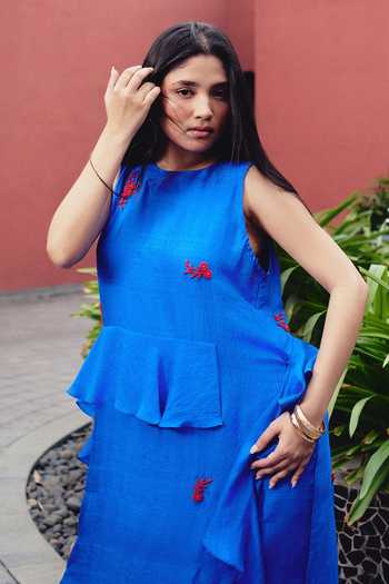 Kavya Singh Kundu_Blue Silk Round Neck Sago Embroidered Maxi Dress _Online_at_Aza_Fashions