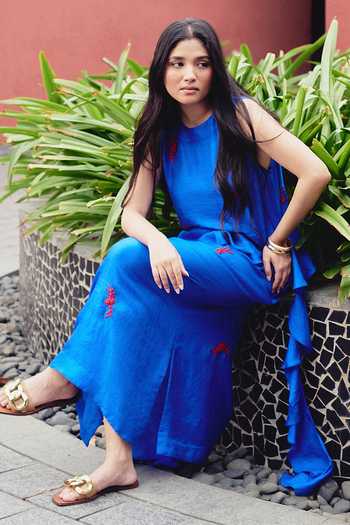 Buy_Kavya Singh Kundu_Blue Silk Round Neck Sago Embroidered Maxi Dress _Online_at_Aza_Fashions