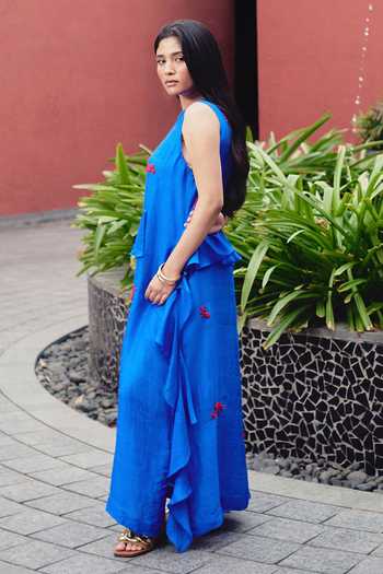 Shop_Kavya Singh Kundu_Blue Silk Round Neck Sago Embroidered Maxi Dress _Online_at_Aza_Fashions
