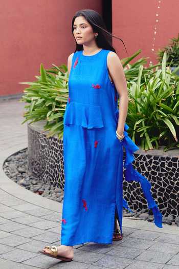 Kavya Singh Kundu_Blue Silk Round Neck Sago Embroidered Maxi Dress _at_Aza_Fashions