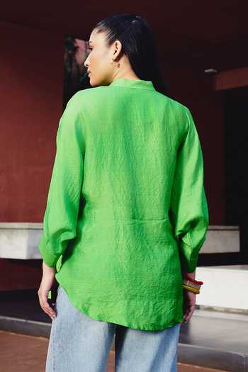 Shop_Kavya Singh Kundu_Green Silk Mandarin Collar Boris Placement Embroidered Shirt _at_Aza_Fashions