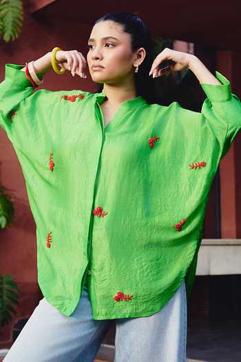 Shop_Kavya Singh Kundu_Green Silk Mandarin Collar Boris Placement Embroidered Shirt 