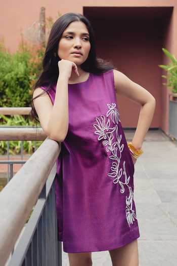Kavya Singh Kundu_Purple Silk Round Neck Iris Cord Embroidered Dress _Online_at_Aza_Fashions