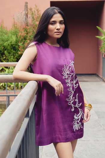 Shop_Kavya Singh Kundu_Purple Silk Round Neck Iris Cord Embroidered Dress _Online_at_Aza_Fashions