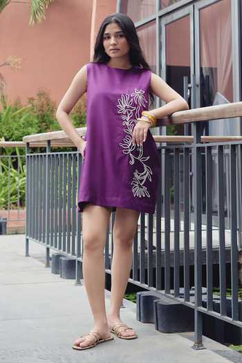 Kavya Singh Kundu_Purple Silk Round Neck Iris Cord Embroidered Dress _at_Aza_Fashions