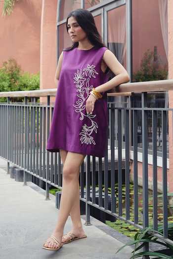 Buy_Kavya Singh Kundu_Purple Silk Round Neck Iris Cord Embroidered Dress 