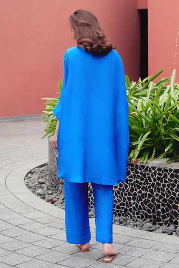 Shop_Kavya Singh Kundu_Blue Silk Round Neck Neela Hand Embroidered Kurta And Pant Set _at_Aza_Fashions
