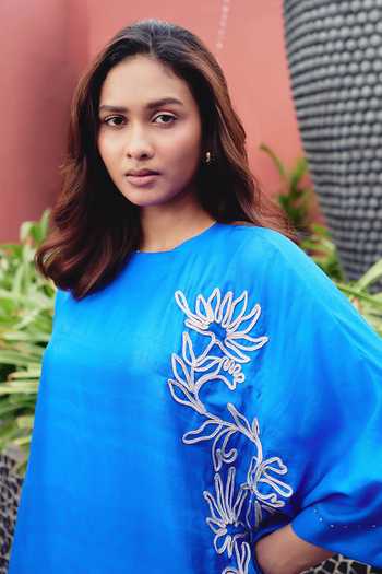 Shop_Kavya Singh Kundu_Blue Silk Round Neck Neela Hand Embroidered Kurta And Pant Set _Online_at_Aza_Fashions