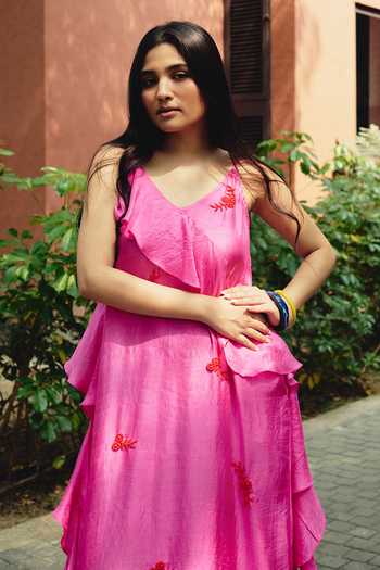 Kavya Singh Kundu_Pink Silk V-neck Roseate Embroidered Maxi Dress _Online_at_Aza_Fashions