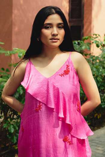 Buy_Kavya Singh Kundu_Pink Silk V-neck Roseate Embroidered Maxi Dress _Online_at_Aza_Fashions