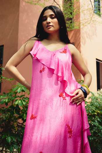 Shop_Kavya Singh Kundu_Pink Silk V-neck Roseate Embroidered Maxi Dress _Online_at_Aza_Fashions