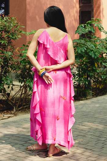 Shop_Kavya Singh Kundu_Pink Silk V-neck Roseate Embroidered Maxi Dress _at_Aza_Fashions