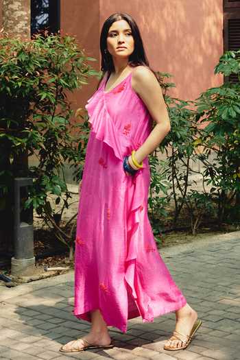 Kavya Singh Kundu_Pink Silk V-neck Roseate Embroidered Maxi Dress _at_Aza_Fashions