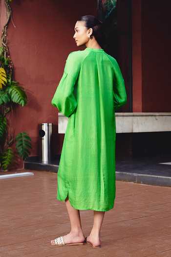 Shop_Kavya Singh Kundu_Green Silk Mandarin Collar Clover Mulberry Dress _at_Aza_Fashions