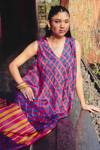 Shop_Kavya Singh Kundu_Multi Color Silk V-neck Rio Block Print Maxi Dress 