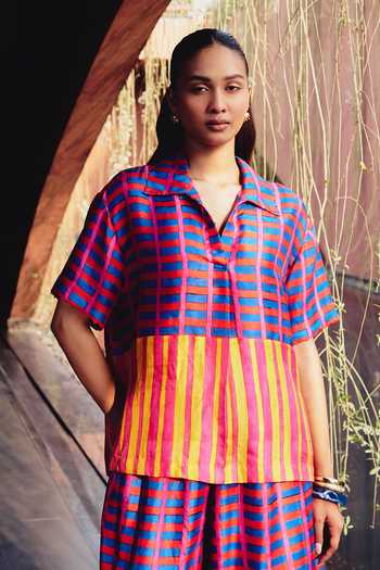 Kavya Singh Kundu_Multi Color Silk Collared Neck Lama Block Print Shirt And Pant Set _Online_at_Aza_Fashions
