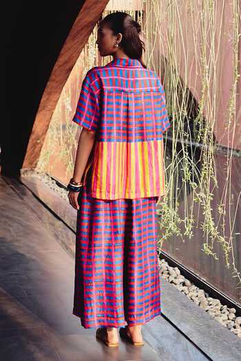 Shop_Kavya Singh Kundu_Multi Color Silk Collared Neck Lama Block Print Shirt And Pant Set _at_Aza_Fashions