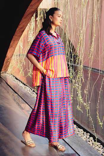 Buy_Kavya Singh Kundu_Multi Color Silk Collared Neck Lama Block Print Shirt And Pant Set _Online_at_Aza_Fashions