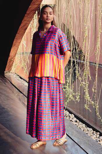Shop_Kavya Singh Kundu_Multi Color Silk Collared Neck Lama Block Print Shirt And Pant Set _Online_at_Aza_Fashions