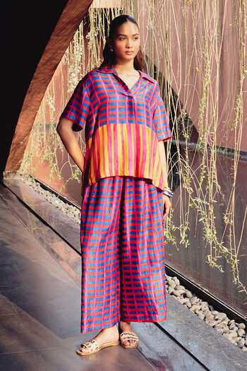Buy_Kavya Singh Kundu_Multi Color Silk Collared Neck Lama Block Print Shirt And Pant Set _at_Aza_Fashions