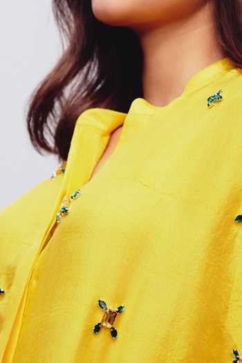 Kavya Singh Kundu_Yellow Silk Mandarin Collar Citrine Hand Embroidered Shirt _Online_at_Aza_Fashions