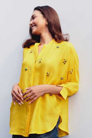 Shop_Kavya Singh Kundu_Yellow Silk Mandarin Collar Citrine Hand Embroidered Shirt _Online_at_Aza_Fashions