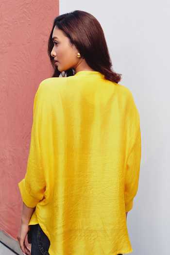 Shop_Kavya Singh Kundu_Yellow Silk Mandarin Collar Citrine Hand Embroidered Shirt _at_Aza_Fashions