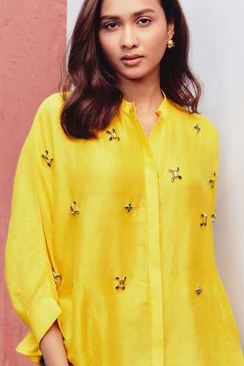 Kavya Singh Kundu_Yellow Silk Mandarin Collar Citrine Hand Embroidered Shirt _at_Aza_Fashions