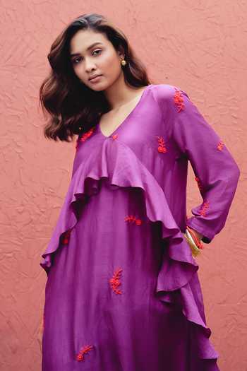 Kavya Singh Kundu_Purple Silk V-neck Peony Floral Embroidered Dress _Online_at_Aza_Fashions
