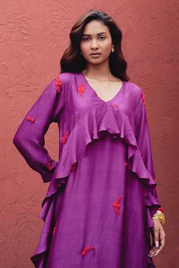 Buy_Kavya Singh Kundu_Purple Silk V-neck Peony Floral Embroidered Dress _Online_at_Aza_Fashions