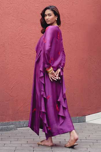 Shop_Kavya Singh Kundu_Purple Silk V-neck Peony Floral Embroidered Dress _Online_at_Aza_Fashions