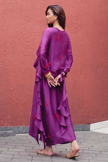 Shop_Kavya Singh Kundu_Purple Silk V-neck Peony Floral Embroidered Dress _at_Aza_Fashions
